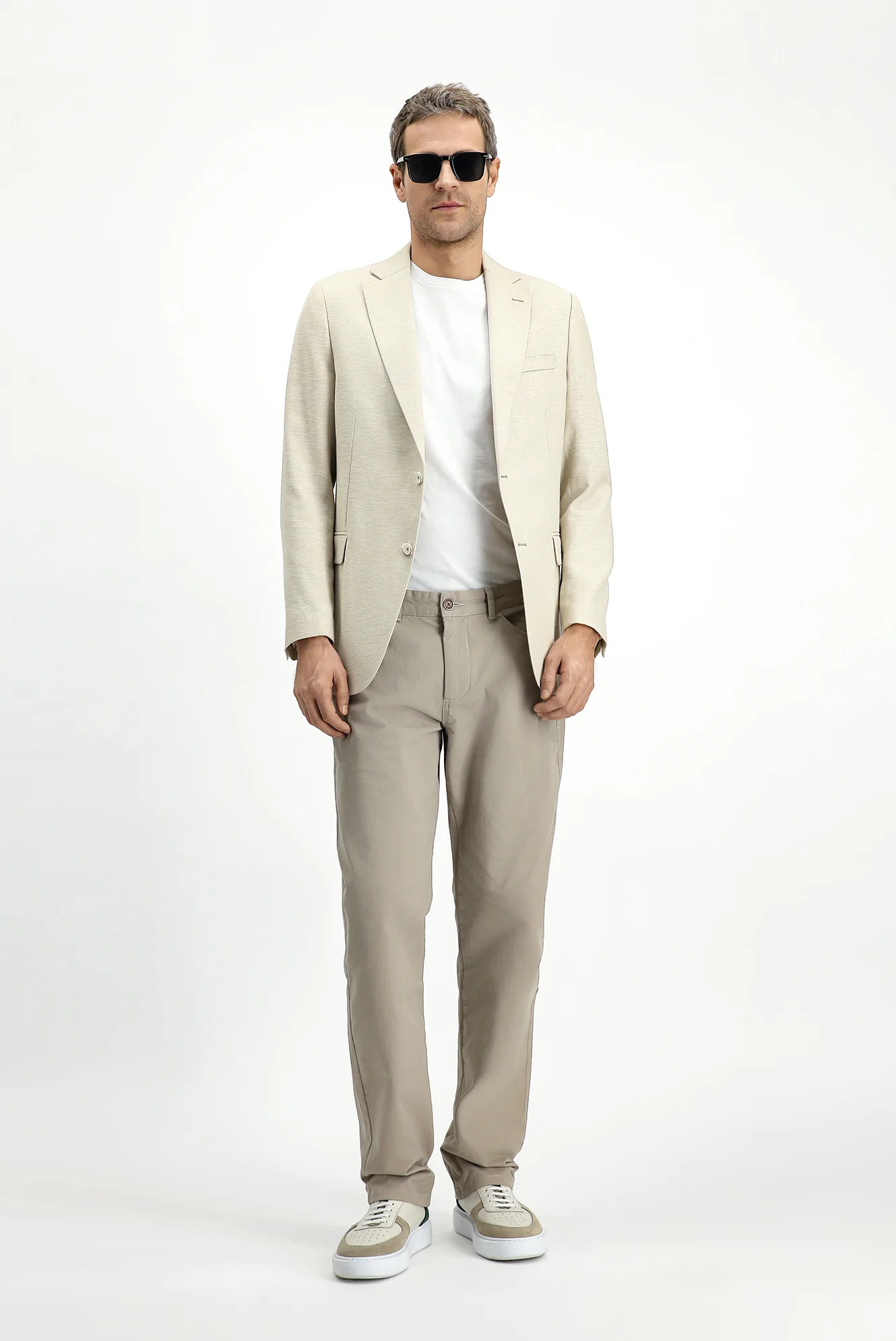 Açık Bej 4 Drop Relaxed Fit Rahat Kesim Klasik Desenli Keten Karışımlı Ceket - Image 3