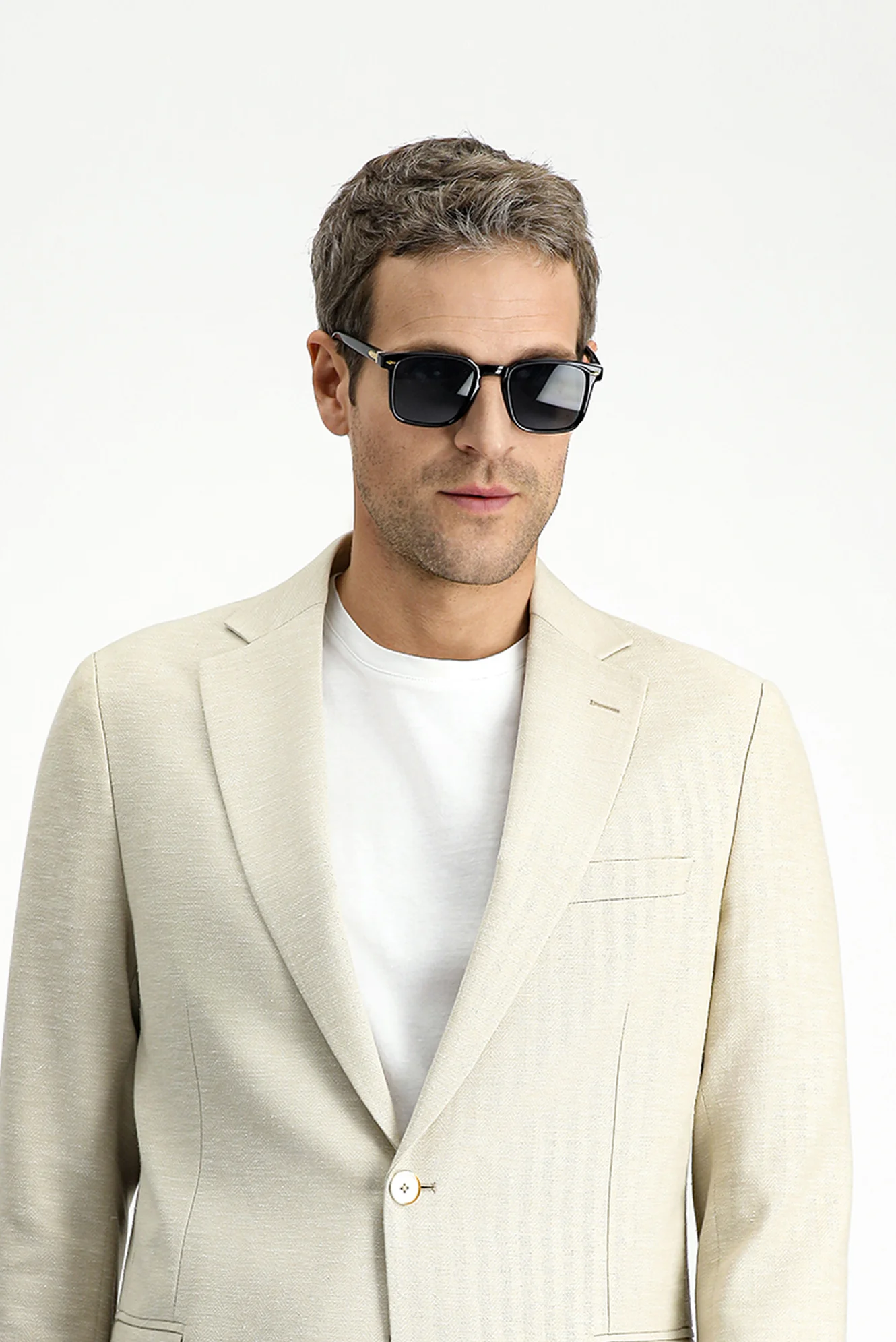 Açık Bej 4 Drop Relaxed Fit Rahat Kesim Klasik Desenli Keten Karışımlı Ceket - Image 4