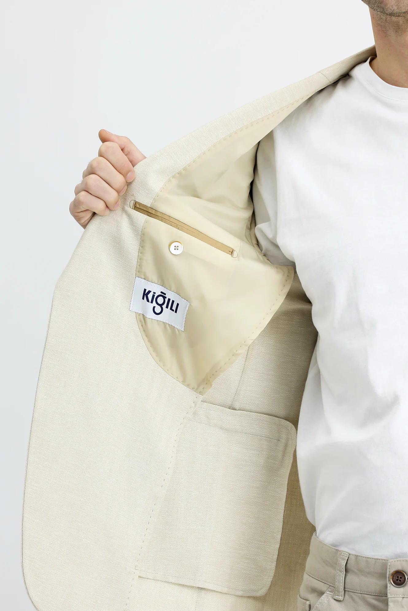 Açık Bej 4 Drop Relaxed Fit Rahat Kesim Klasik Desenli Keten Karışımlı Ceket - Image 6