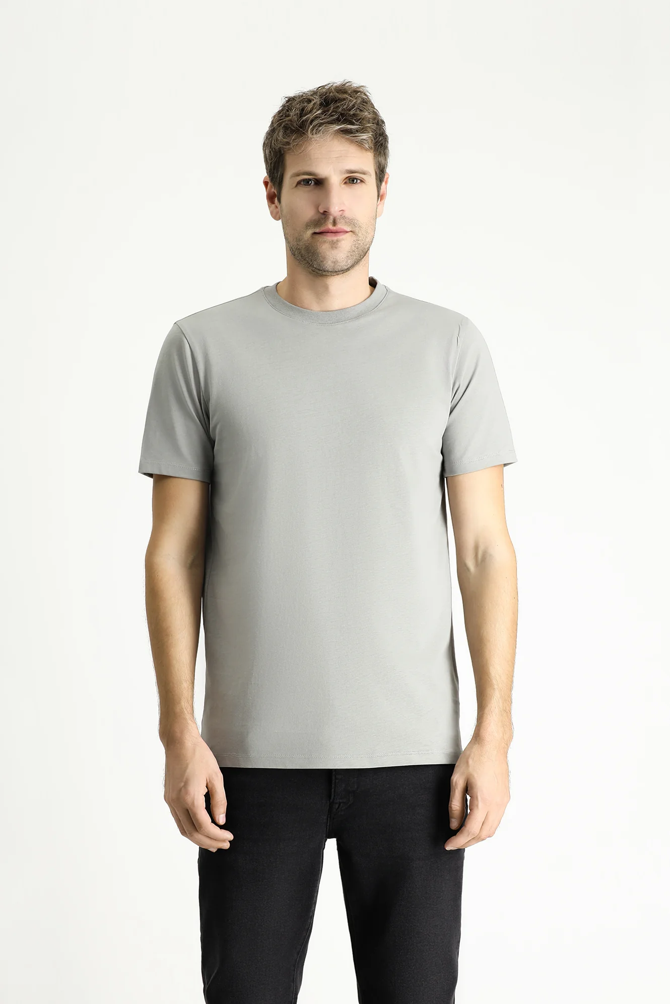 Açık Gri Melanj Bisiklet Yaka Slim Fit %100 Pamuk Tişört - Image 3