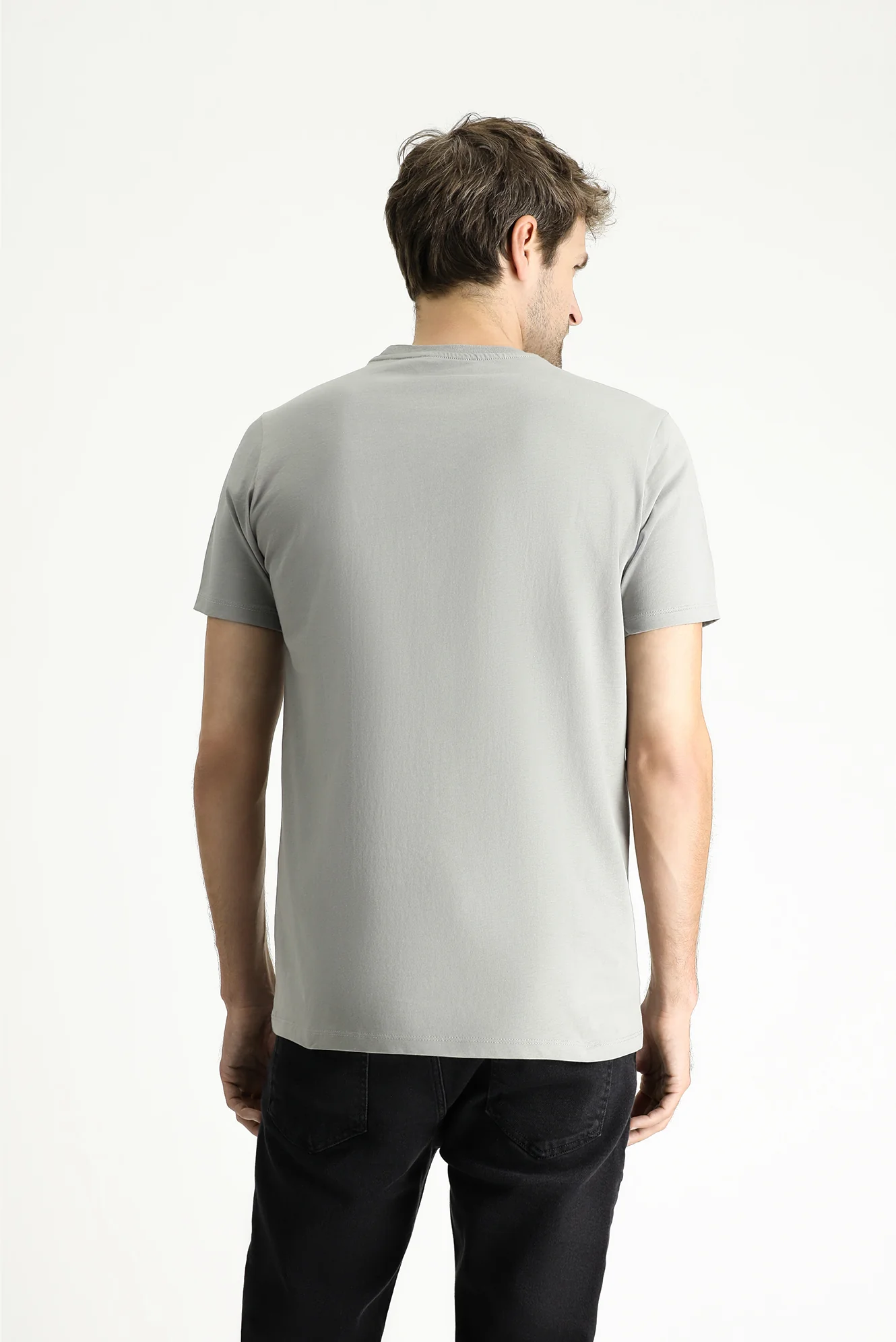 Açık Gri Melanj Bisiklet Yaka Slim Fit %100 Pamuk Tişört - Image 4