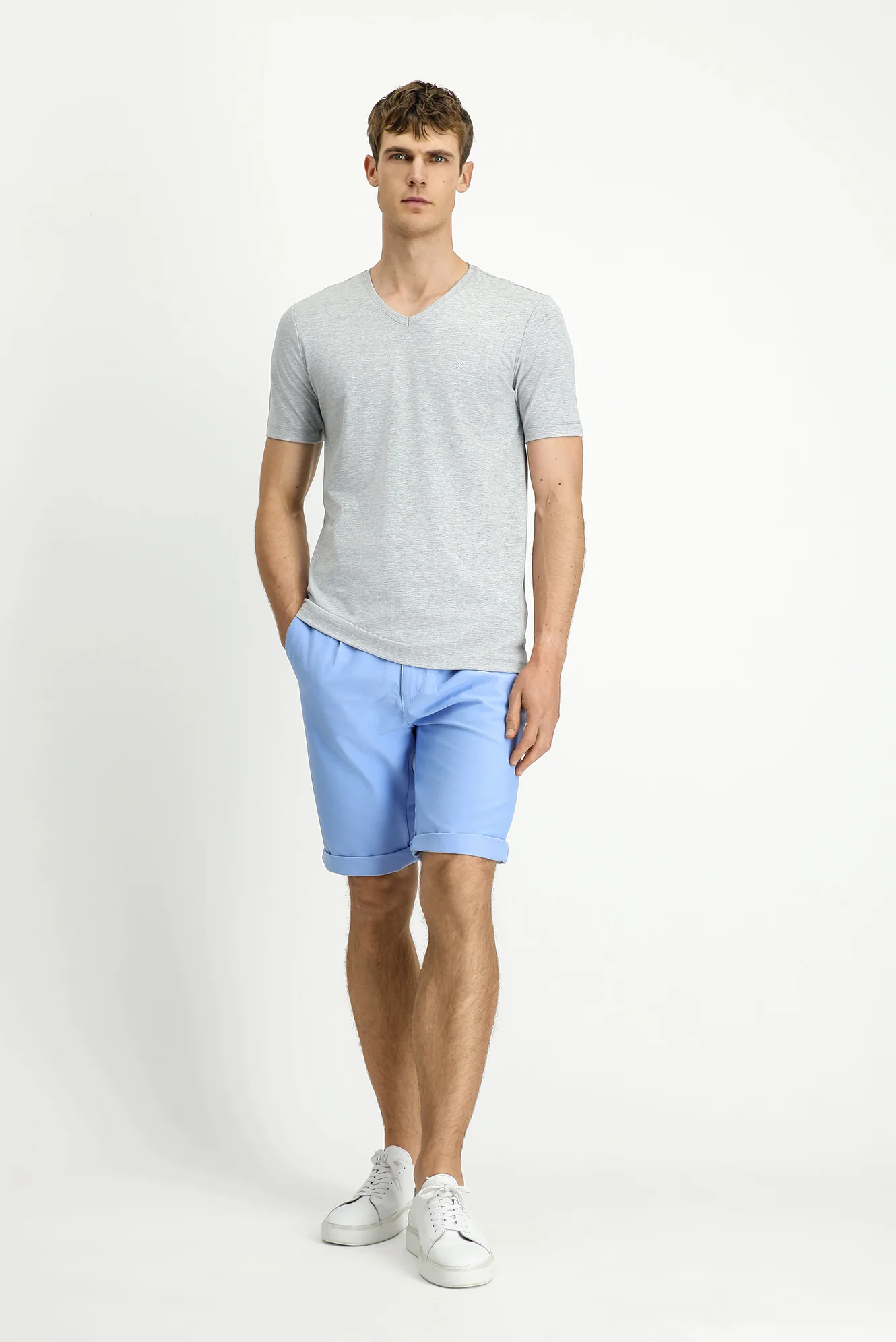 Açık Gri Melanj V Yaka Slim Fit Dar Kesim Süprem Pamuklu Basic Tişört - Image 2