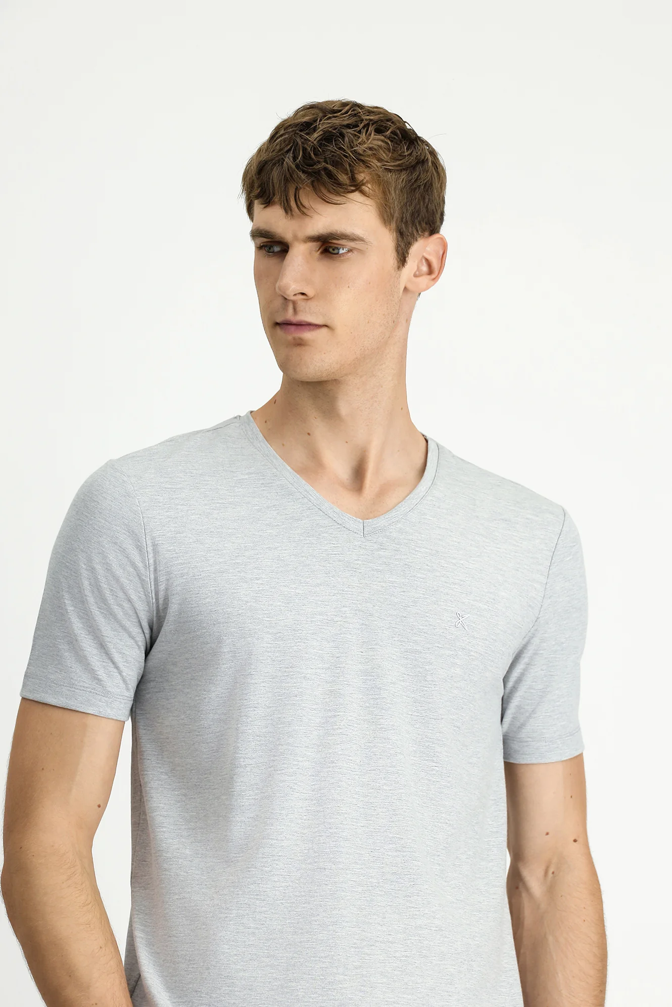 Açık Gri Melanj V Yaka Slim Fit Dar Kesim Süprem Pamuklu Basic Tişört - Image 3