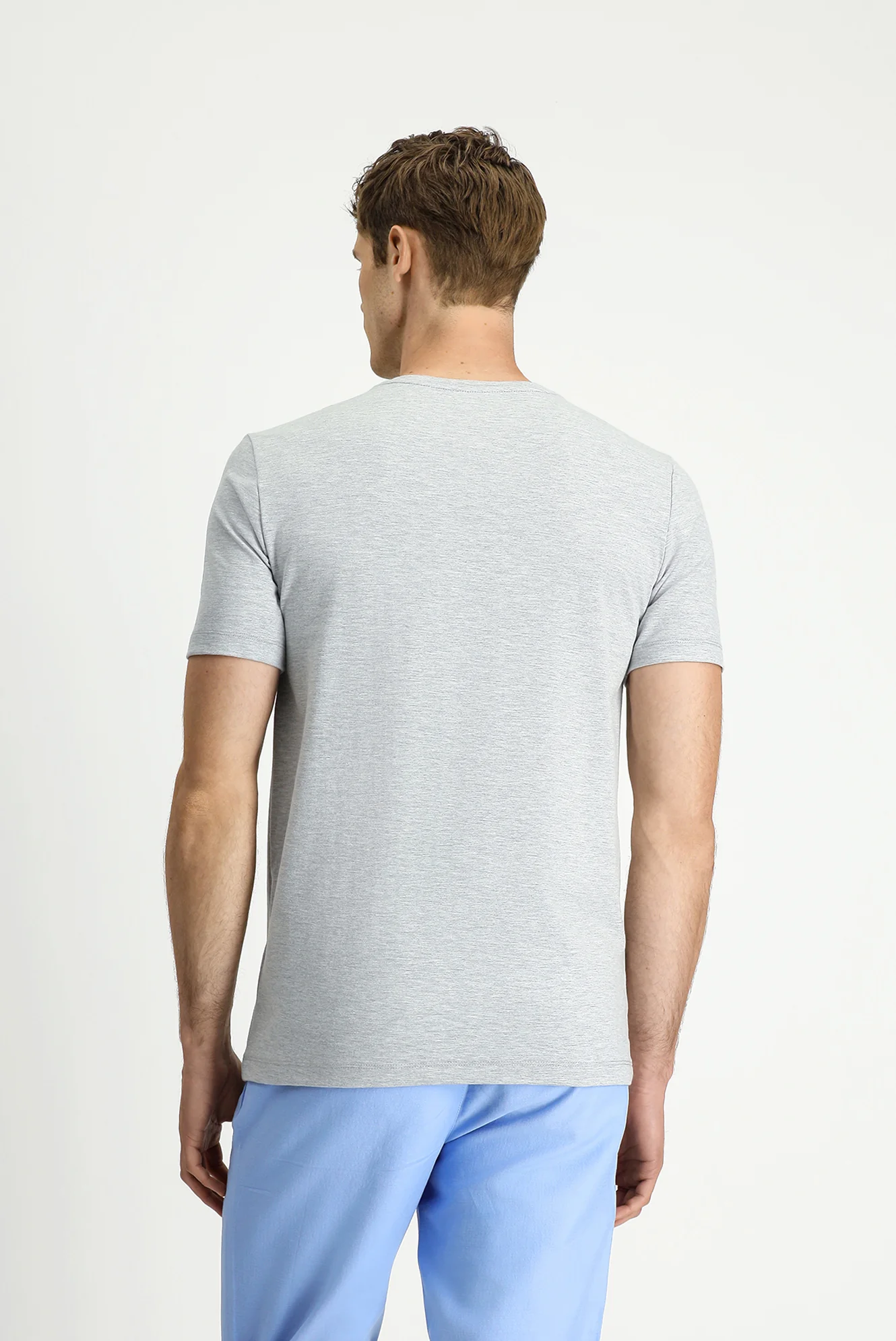 Açık Gri Melanj V Yaka Slim Fit Dar Kesim Süprem Pamuklu Basic Tişört - Image 4