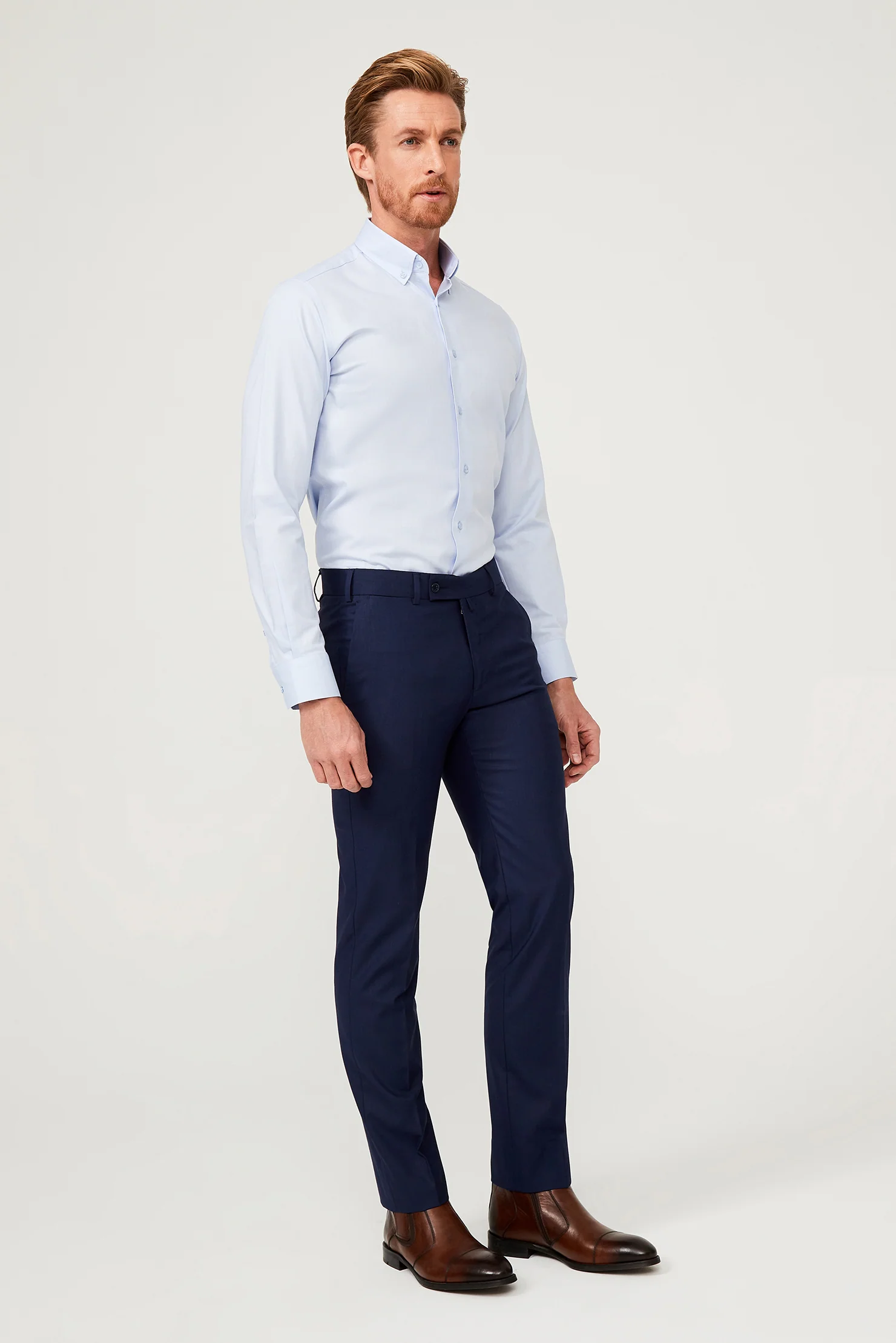 Açık Mavi Uzun Kol Slim Fit Dar Kesim Pamuk Gömlek - Image 3