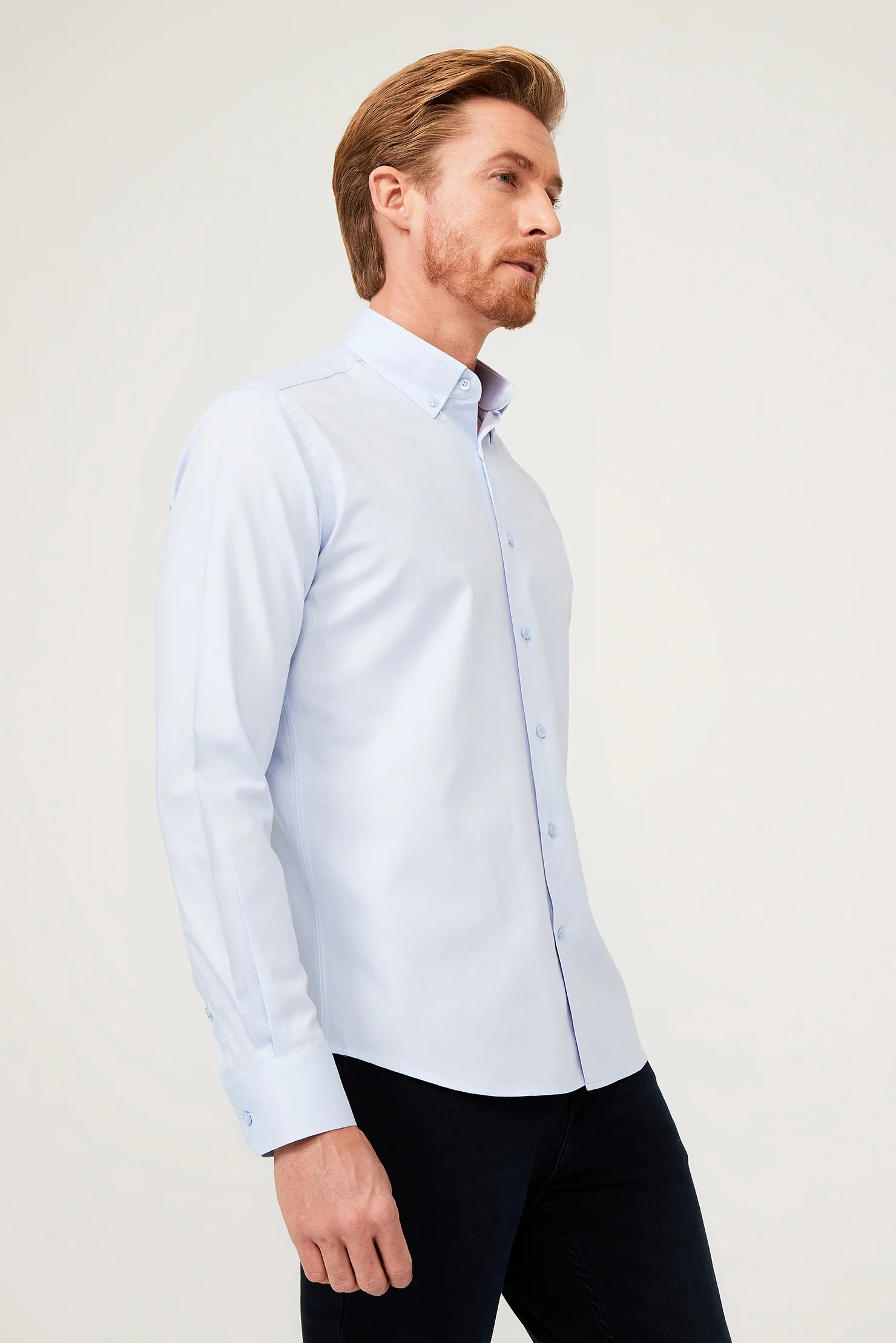 Açık Mavi Uzun Kol Slim Fit Dar Kesim Pamuk Gömlek - Image 5