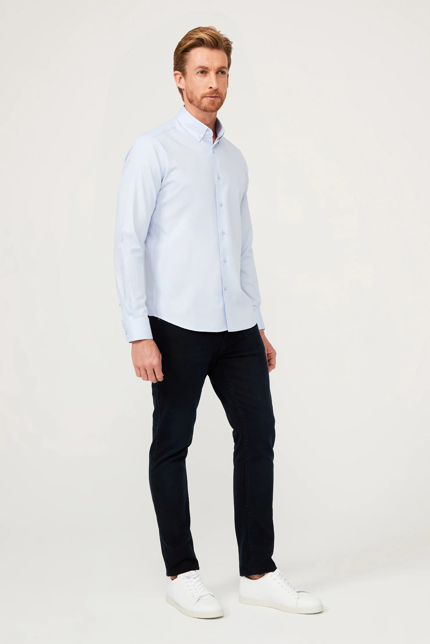 Açık Mavi Uzun Kol Slim Fit Dar Kesim Pamuk Gömlek - Image 7