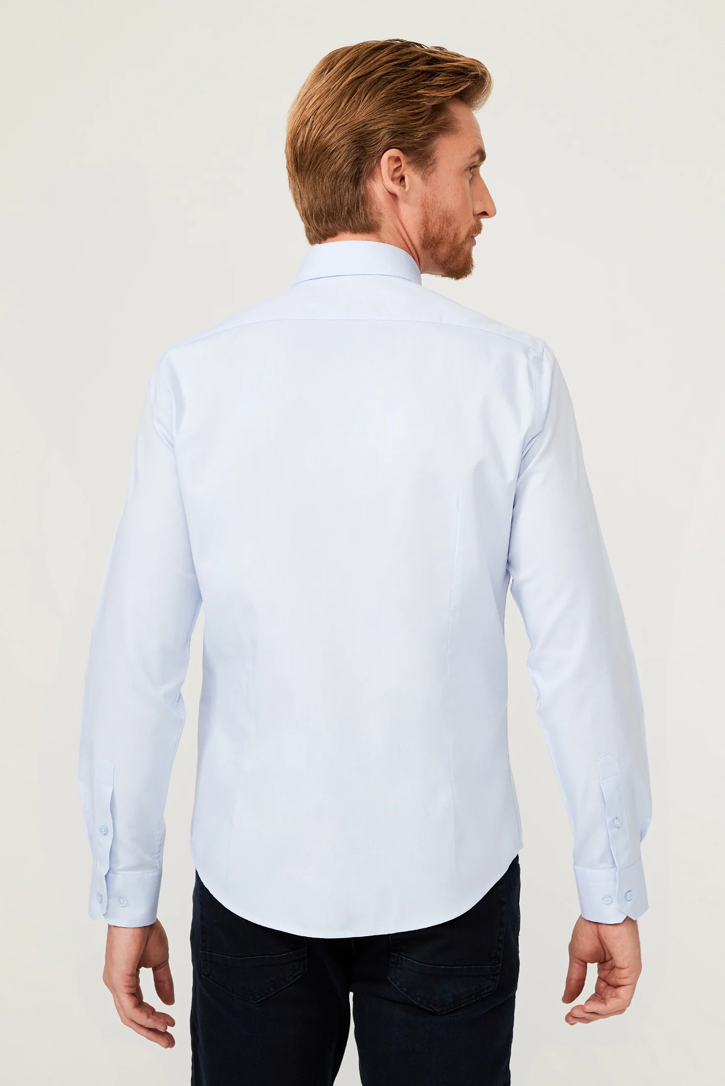 Açık Mavi Uzun Kol Slim Fit Dar Kesim Pamuk Gömlek - Image 8