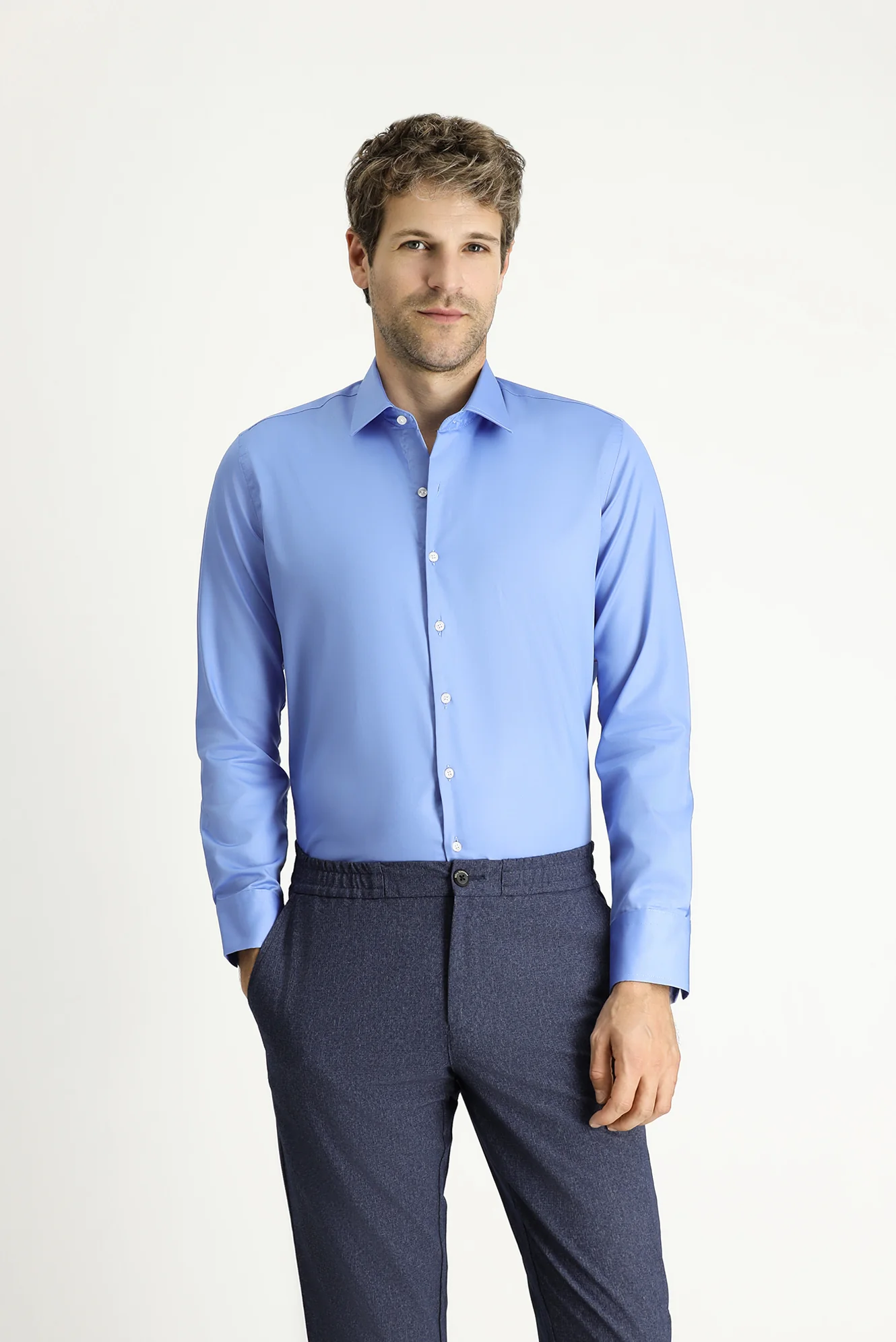 Aqua Mavisi Uzun Kol Slim Fit Dar Kesim Klasik Non Iron Saten Pamuklu Gömlek - Image 3