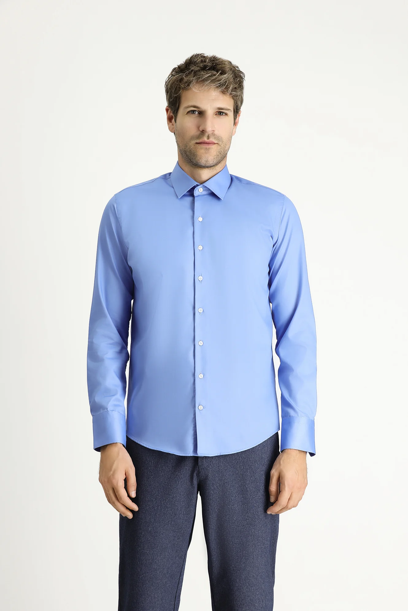Aqua Mavisi Uzun Kol Slim Fit Dar Kesim Klasik Non Iron Saten Pamuklu Gömlek - Image 4