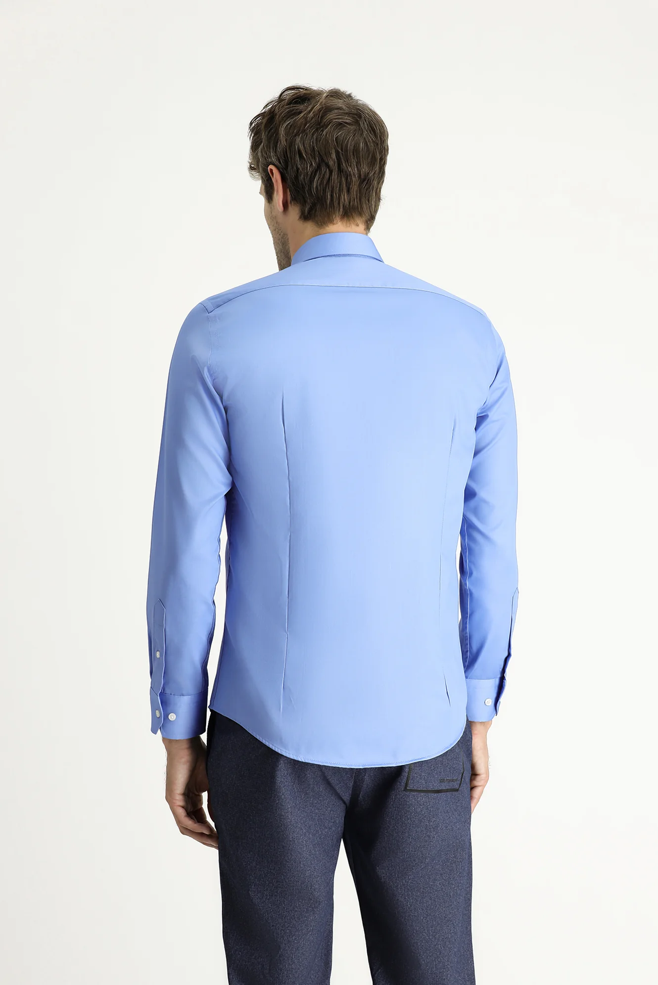 Aqua Mavisi Uzun Kol Slim Fit Dar Kesim Klasik Non Iron Saten Pamuklu Gömlek - Image 5