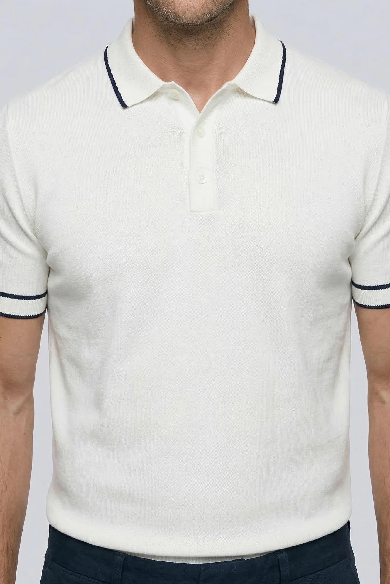 Kırık Beyaz Regular Fit Şerit Detaylı Polo Yaka Triko Tişört - Image 3
