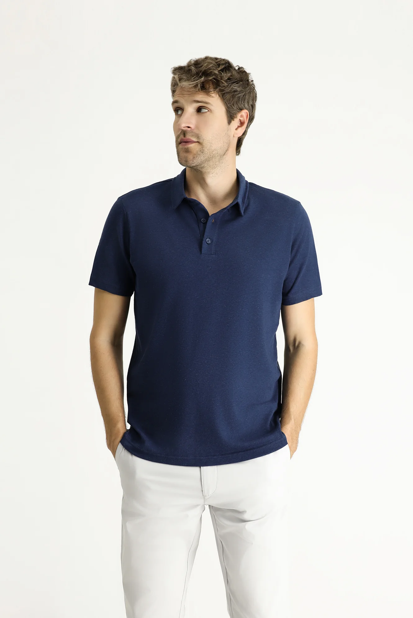 Koyu Lacivert Polo Yaka Slim Fit Dar Kesim Keten Karışımlı Tişört - Image 3