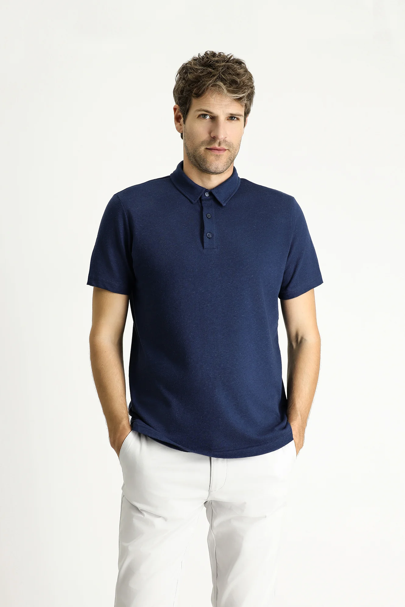 Koyu Lacivert Polo Yaka Slim Fit Dar Kesim Keten Karışımlı Tişört - Image 4