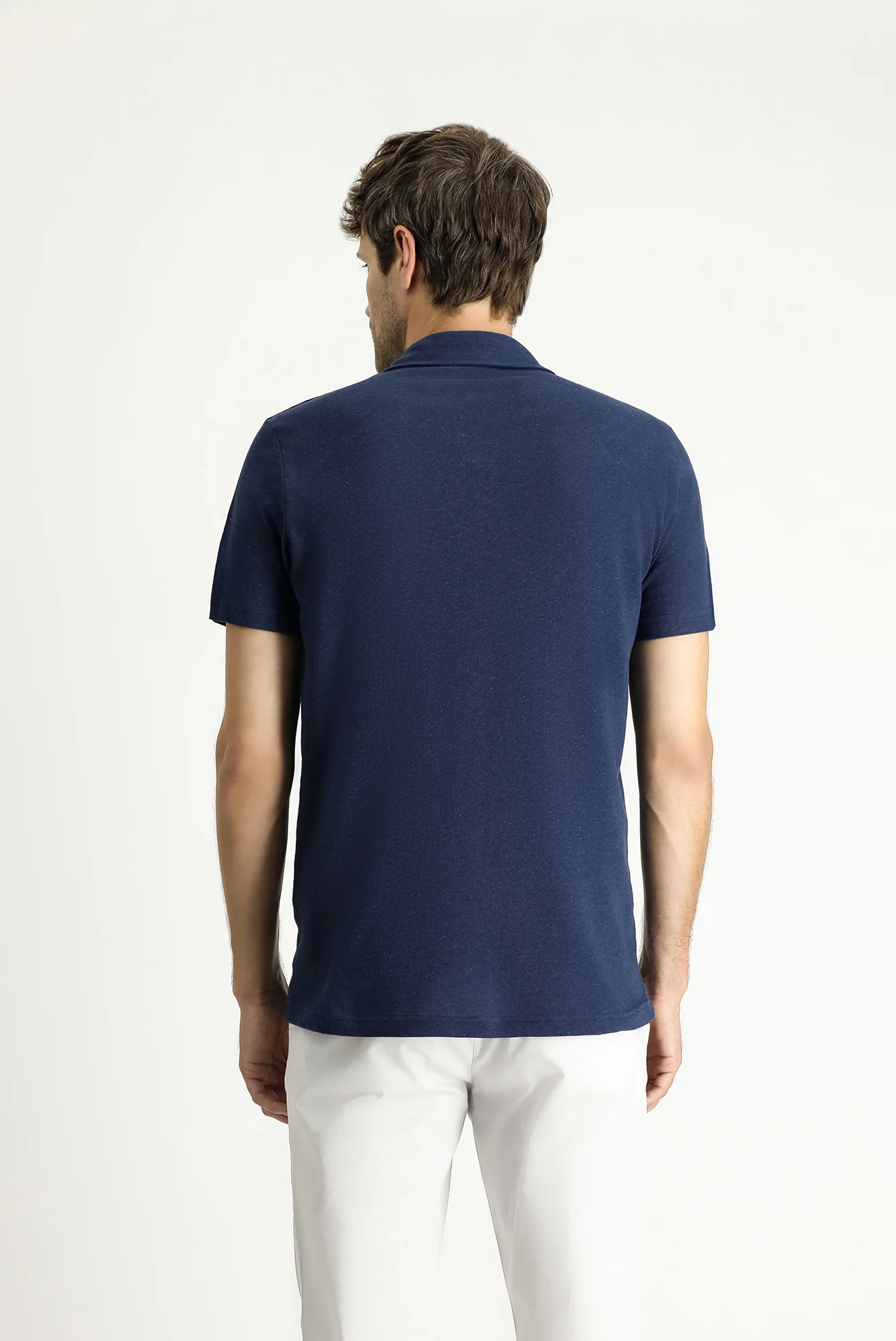 Koyu Lacivert Polo Yaka Slim Fit Dar Kesim Keten Karışımlı Tişört - Image 5