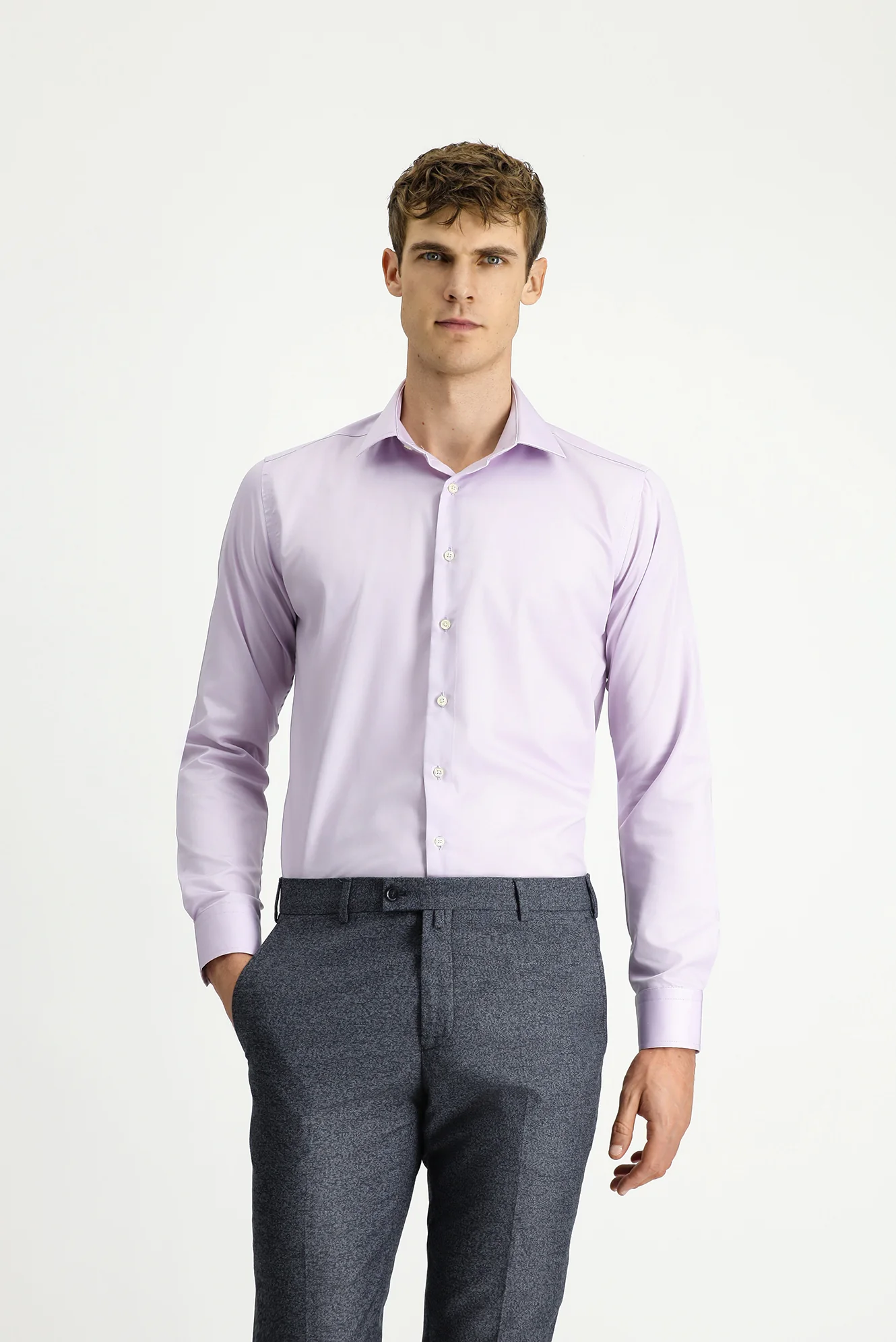Lila Uzun Kol Slim Fit Dar Kesim Klasik Non Iron Pamuklu Gömlek - Image 4