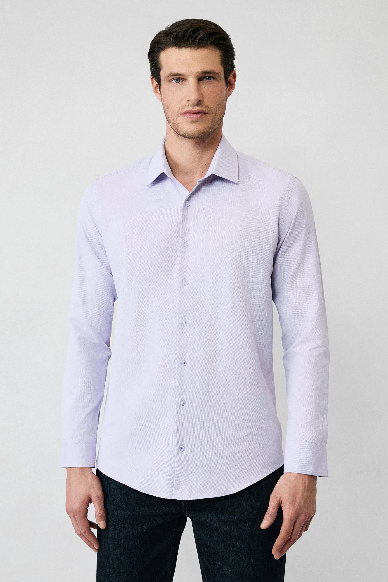 Lila Uzun Kol Slim Fit Klasik Yaka Pamuklu Kolay Ütülenebilir Oxford 4 Mevsim Gömlek - Image 3