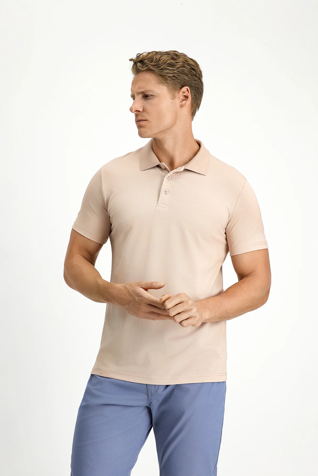 Orta Bej Slim Fit Dar Kesim Nakışlı Pamuklu Polo Yaka Tişört - Image 3