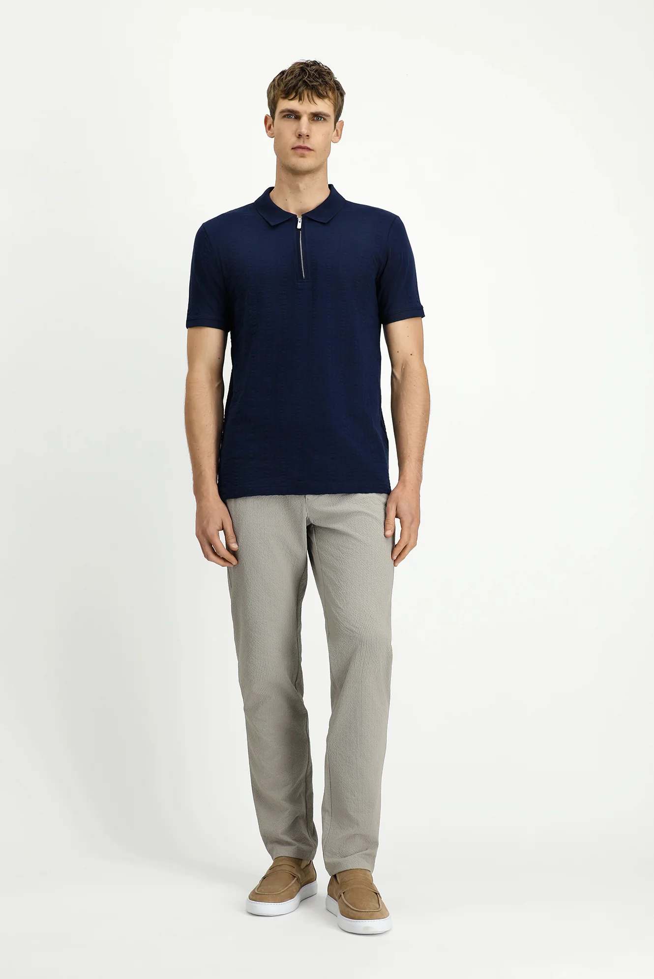 Orta Lacivert Slim Fit Dar Kesim Pamuk Desenli Fermuarlı Polo Yaka Tişört - Image 3