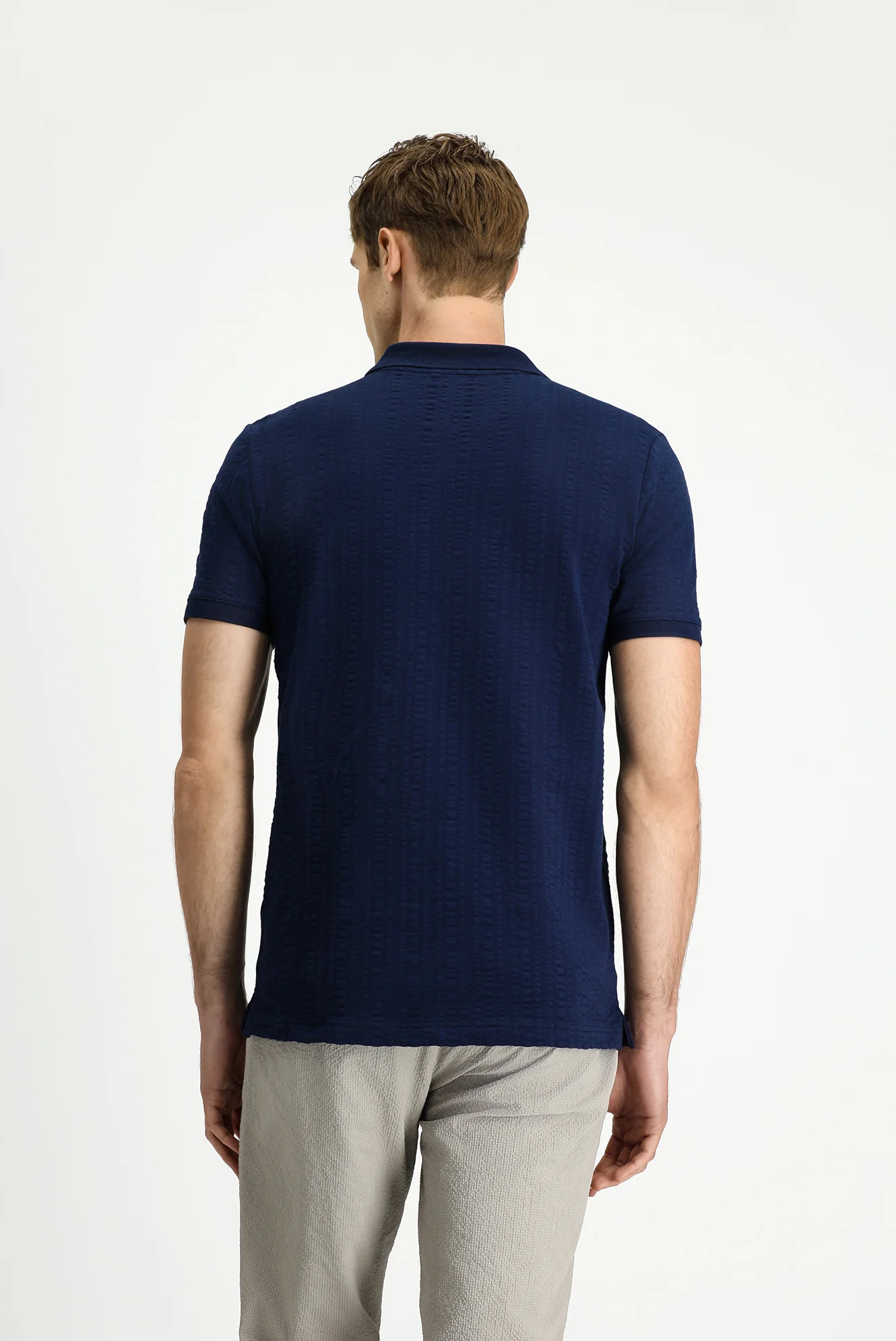 Orta Lacivert Slim Fit Dar Kesim Pamuk Desenli Fermuarlı Polo Yaka Tişört - Image 5