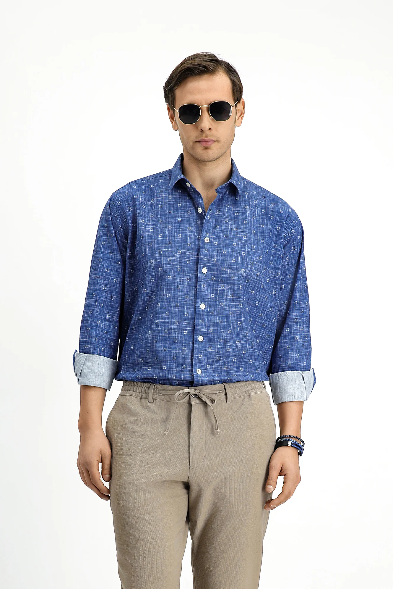 Orta Lacivert Uzun Kol Regular Fit Baskılı Pamuk Spor Gömlek - Image 4