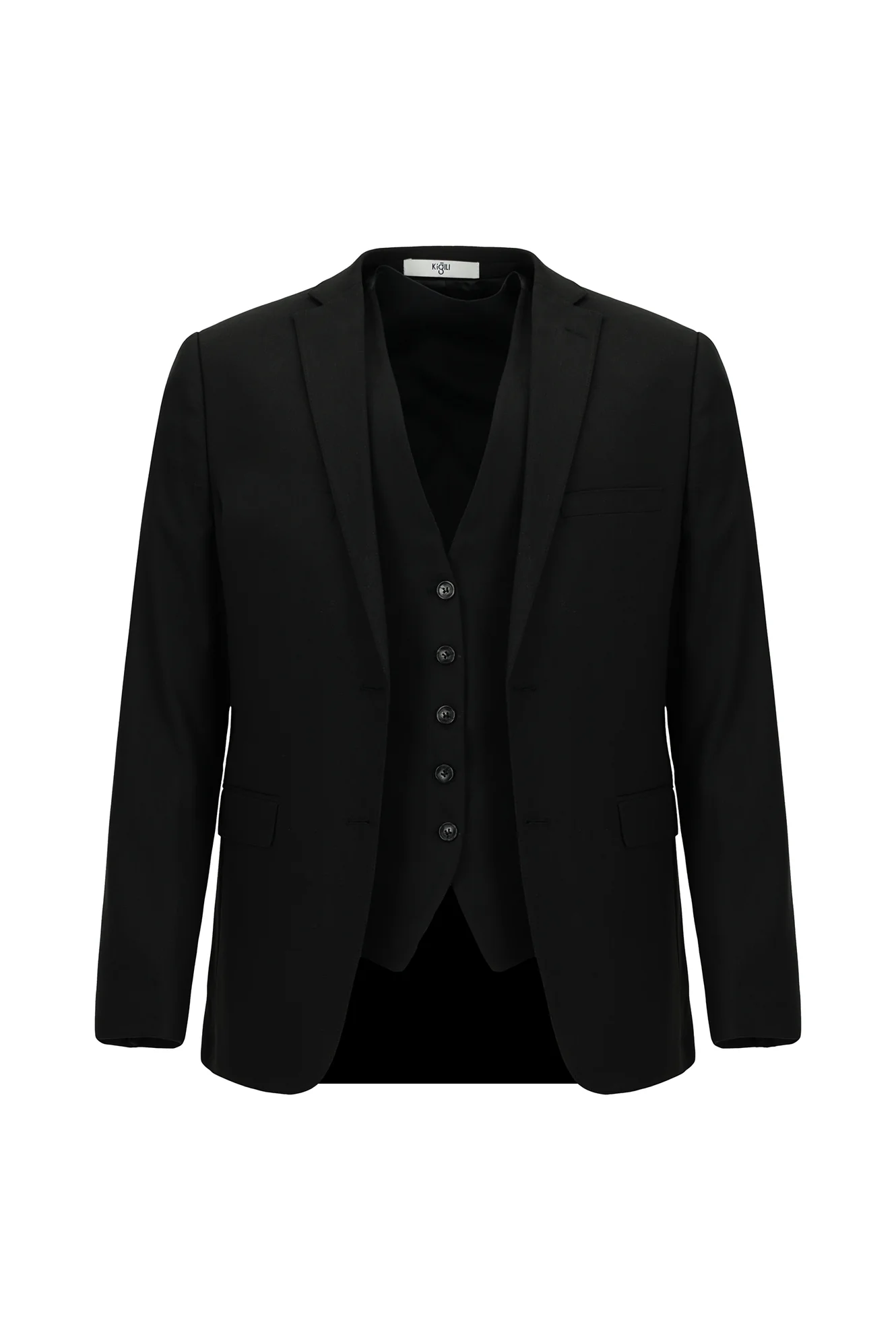 Siyah 7 Drop Super Slim Fit Eksra Dar Kesim Yelekli Takım Elbise - Image 6